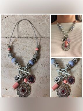 Boho Beaded Statement Necklace w/ Silver Toggle Clasp & Charms |